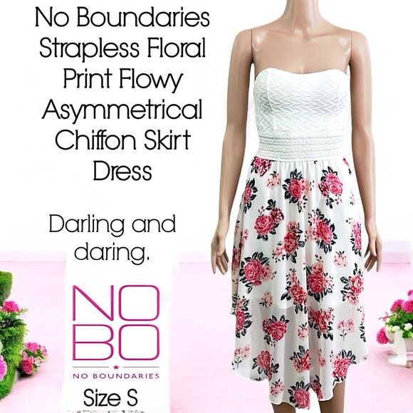 No Boundaries Dresses & Skirts - No Boundaries Strapless Floral Print Flowy Asymmetrical Chiffon Skirt Dress